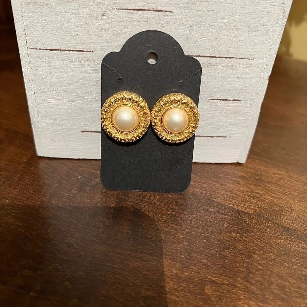TRIFARI Vintage Faux Pearl Earrings and Gold Cut Out Design Border - Stunning!